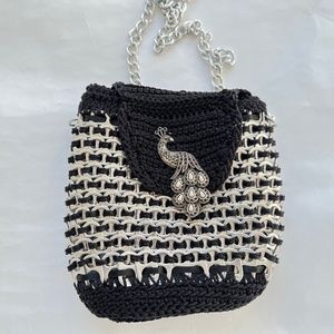Soda Pop Crossbody Bag Can Pull Tab Crochet Black and Silver Chain Strap Peacock